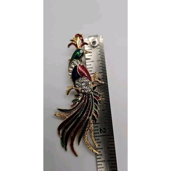 Vintage Peacock Brooch Pin Enamel on Metal Crystals Gold Tone Setting 2.5" Long - Picture 1 of 7